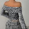 SCIONE Dámské tričko Nová móda Streetwear Dlouhý rukáv Lodičkový výstřih Trička Sexy Leopard Bez zad Dámské Všestranné Pletené oblečení