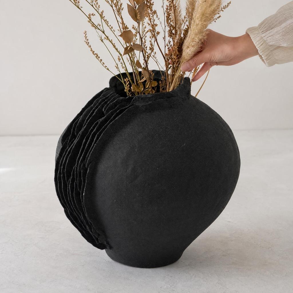 Handmade Matte Black Ceramic Vase Modern Freestanding Flower Hand-Formed