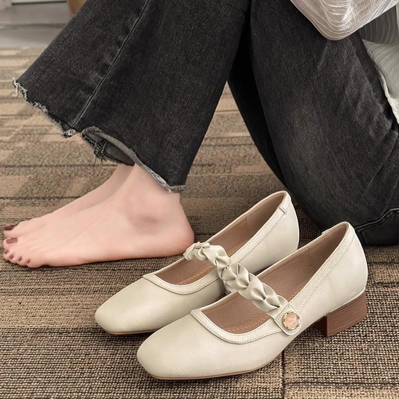 Mary Jane Women's Shoes 2025 New Spring and Summer Single Shoes Women's Flat Bottom Shallow Mouth Square Head Soft Sole Medium Heel Thick Heel Smal