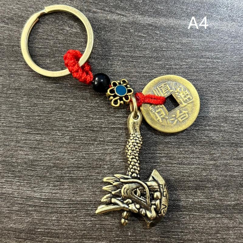 Punk Brass Dragon Head Axe Keychain Lucky Charm Car Key Ring Handmade Rope Vintage Gift For Men Women