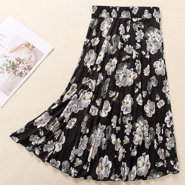Women Half Length Skirt Summer Ice Silk Pleated Skirt Medium Length Middle-aged Mother High Waisted Floral A-line Skirts