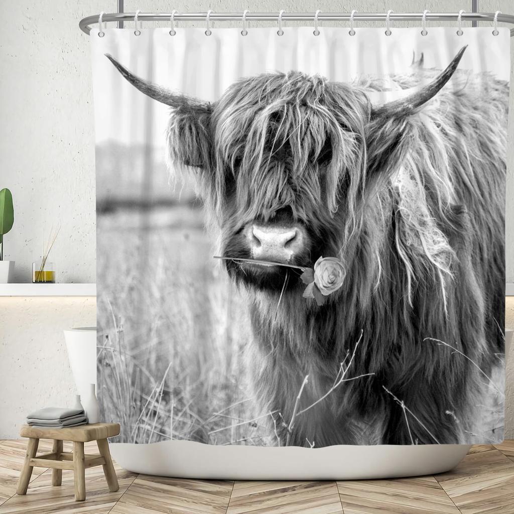 SVBright Farmhouse Duschvorhang Mit Hochlandkuh - 152x183cm, Wasserdicht, Polyester, Inkl. 12 Haken