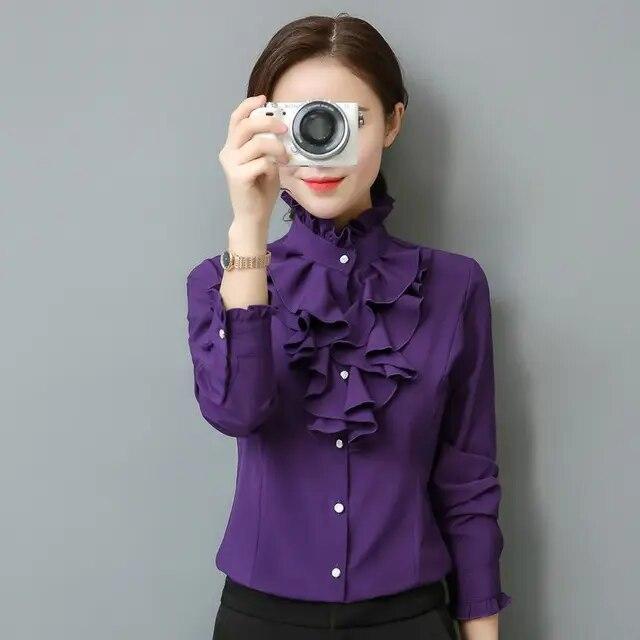 Spring Autumn New Stand Collar Ruffle Long Sleeve Blouse Women's Korean Professional Bottoming Shirt Solid Color Chiffon Shirt