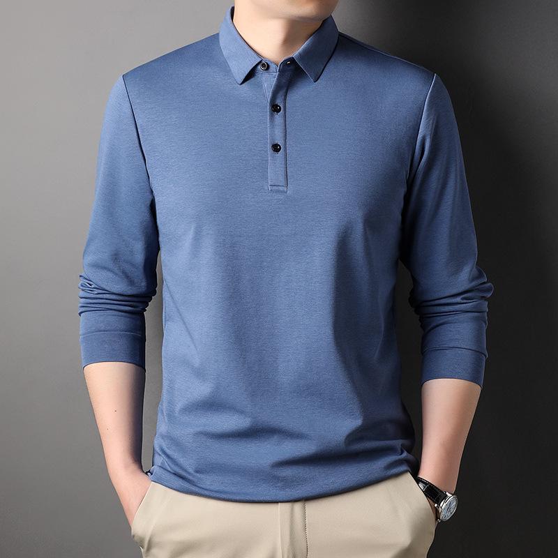 

Men s Spring 2025 Silk Polo - Long-Sleeve, Casual, Solid Color T-shirt for Middle-Aged 3XL