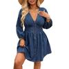 Elegant Plus Size V-neck Denim Dress with Waist-cinching Buttons