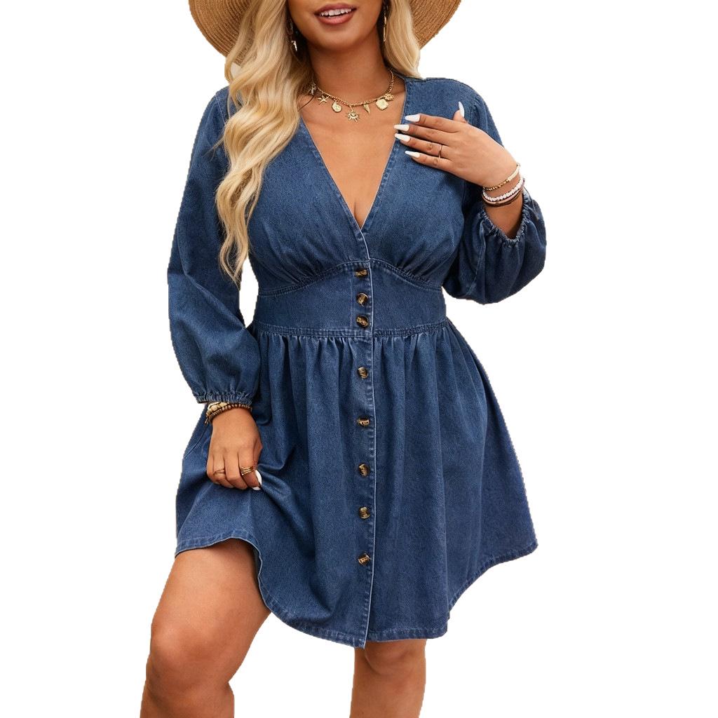 Elegant Plus Size V-neck Denim Dress with Waist-cinching Buttons
