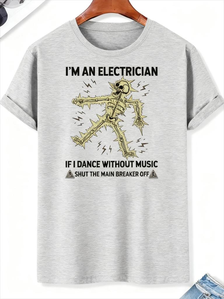 Black Electrician Skeleton Humor T-Shirt ‘Shut The Main Breaker Off’ Graphic Casual Tee for Electric Enthusiasts Trendy Outfits