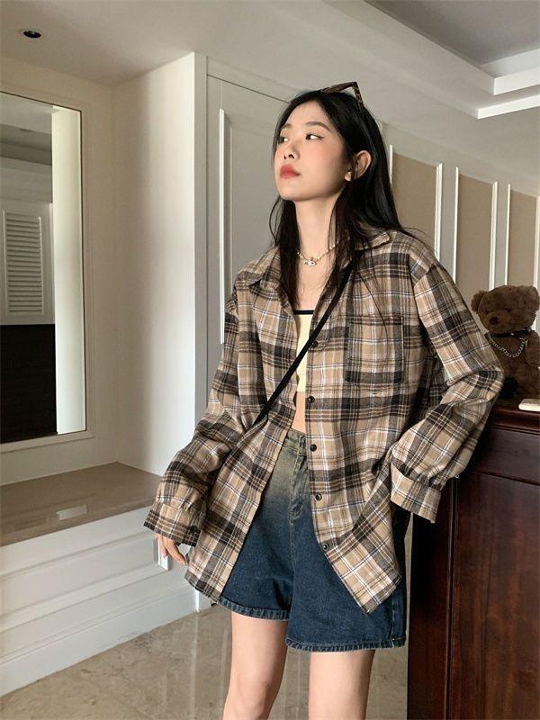 Women's Hong Kong Retro Plaid Loose Long-Sleeve Shirt for Spring/Autumn