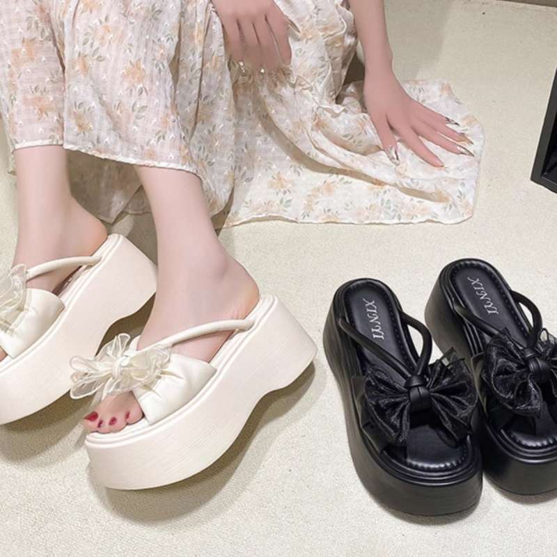 Fairy Wind Bow 6cm Thick Bottom Heightening Muffin Cool Slippers Female 2025 Summer New with Skirt One-word Drag