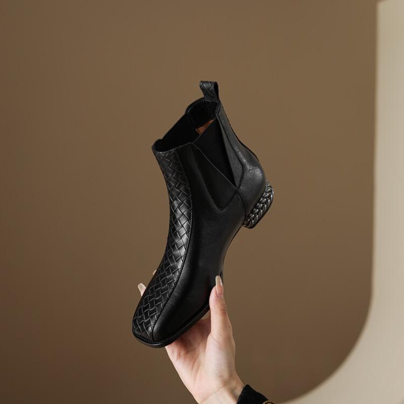 Fashion NEW Autumn/Winter Women Boots Square Toe Chunky Heel Shoes Split Leather Shoes for Women Slip-on Ankle Boots Black Modern Boots