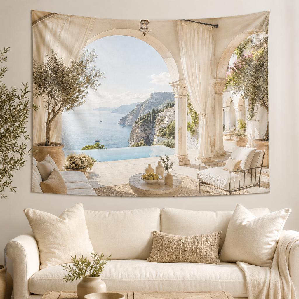 Arazzo Arco Costiero Italiano con Vista Mare, Appeso a Parete Paesaggio Neutro Boho, Decorazione Estetica per Parete della Camera da Letto