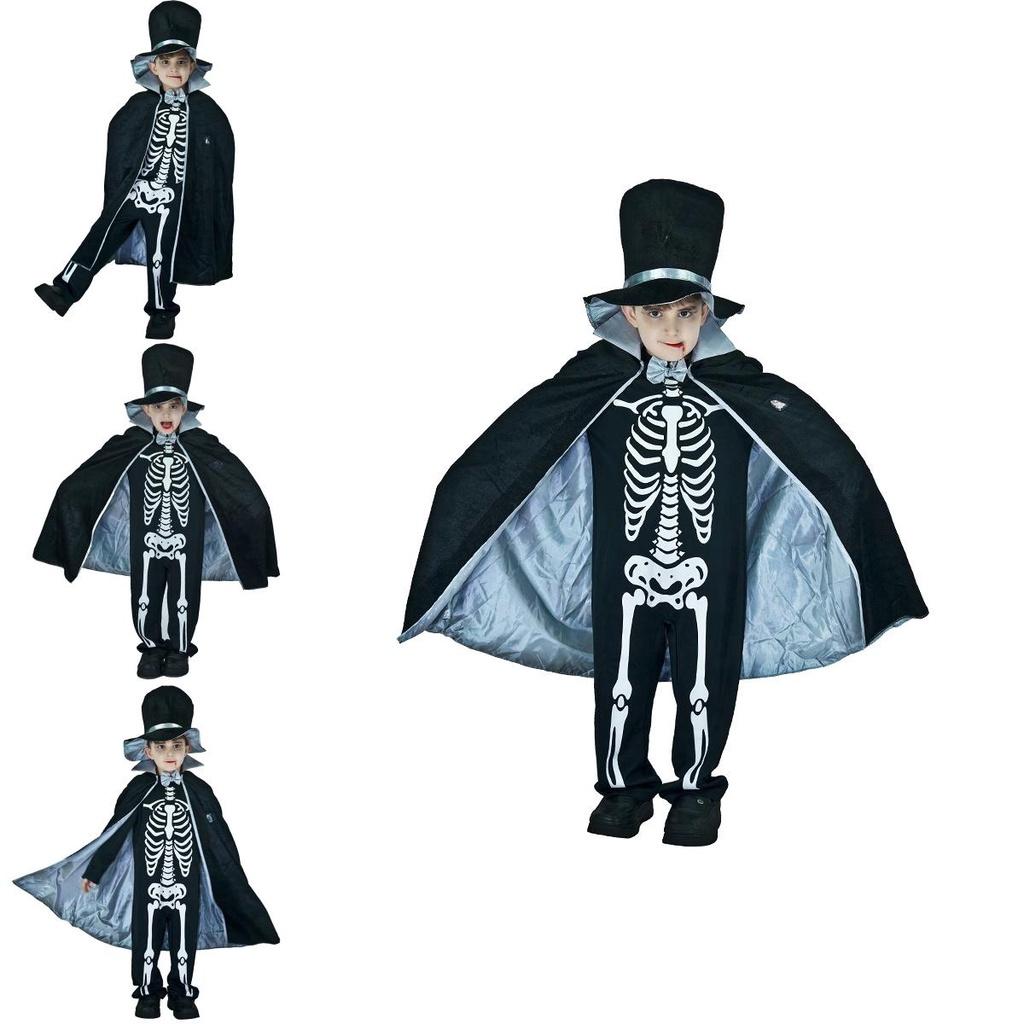 Kids Boy Skeleton Skull Ghost Cloak Halloween Cosplay Party Outfit Costume