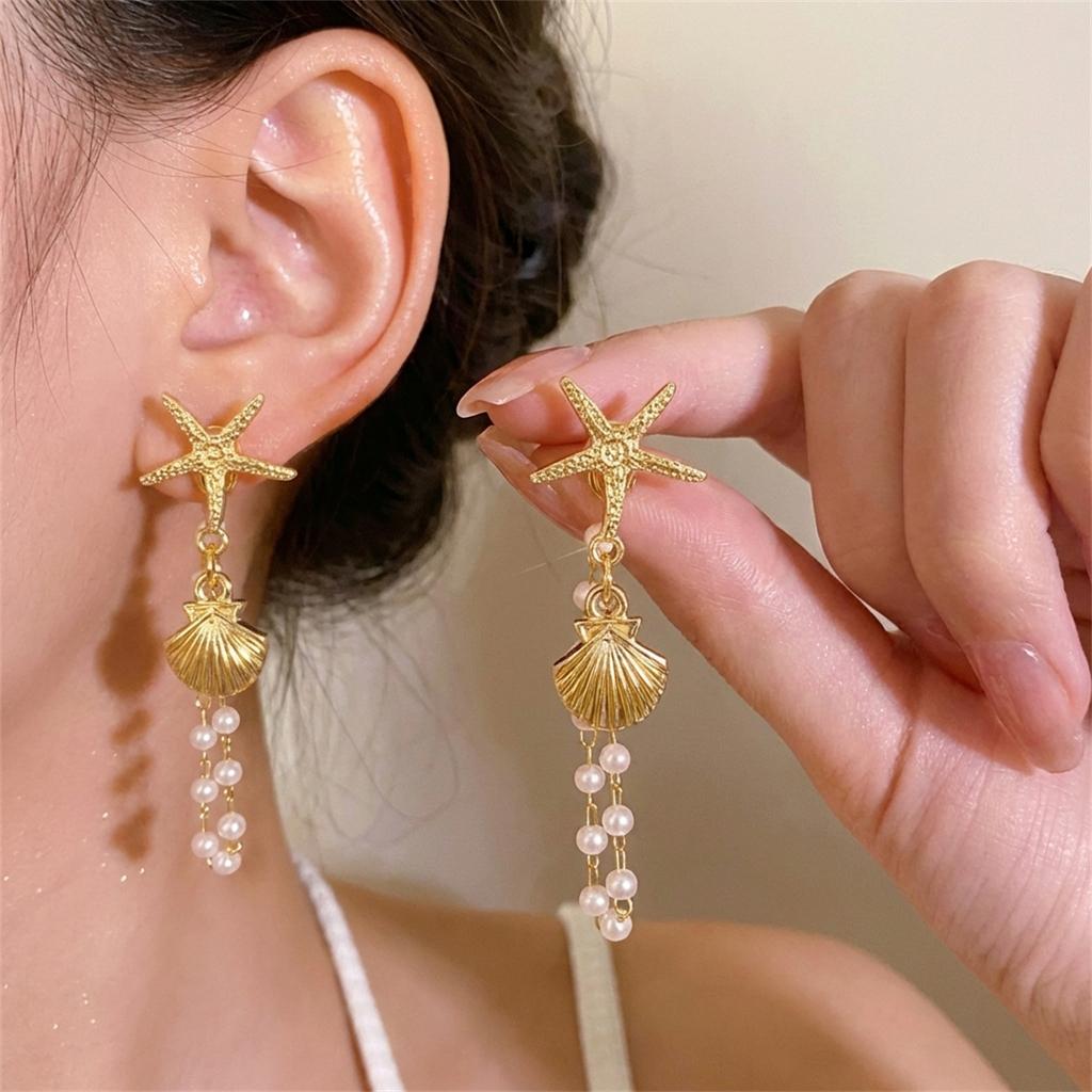 Metal Starfish Shell Long Tassel Earrings for Women Bohemian Imitation Pearl Dangle Earrings Beach Holiday Party Jewelry Gifts