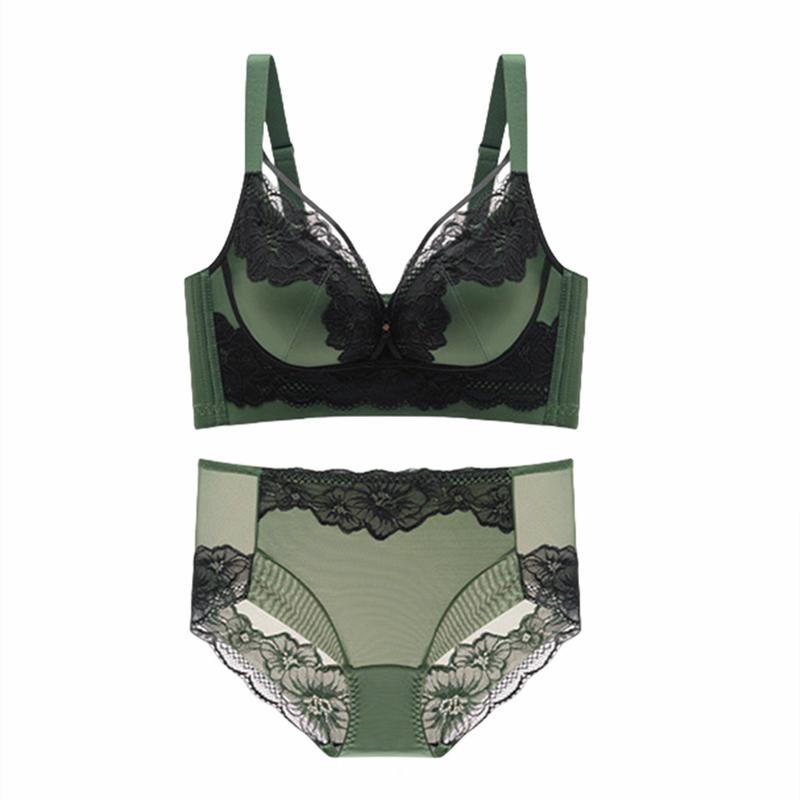 Sexy Kontrasterende Blonder Brystjusterings-BH-sett for Liten Byste Samlet Middelstykke Kopper Sideforhold Brystkontroll