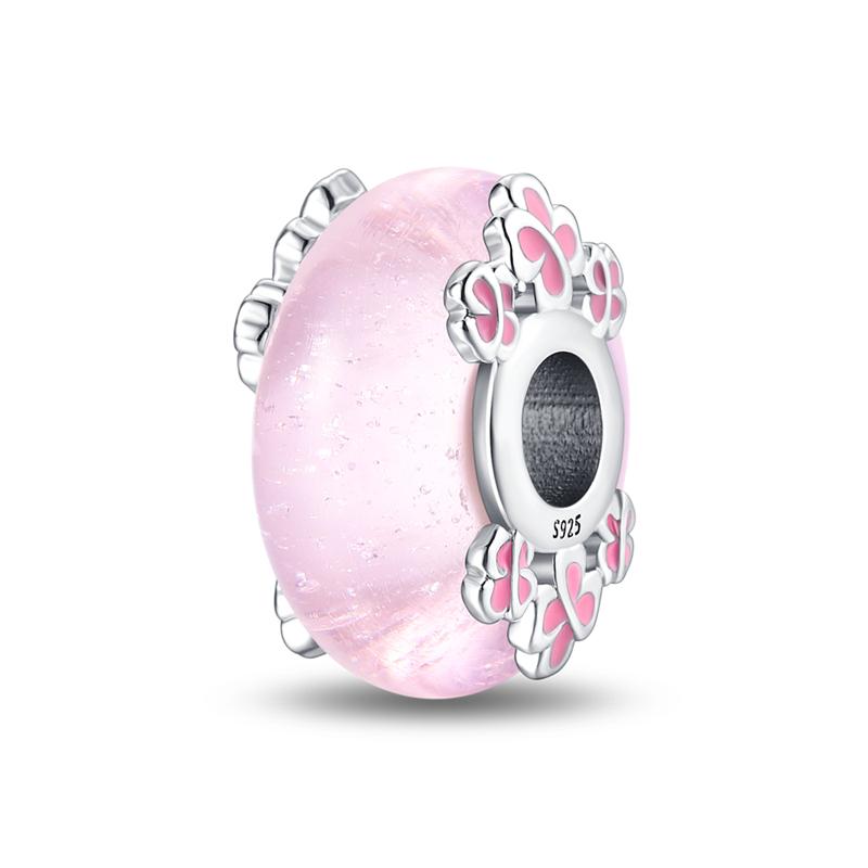 925 Silver Charms Bead Luminous Pink Glass Dangle Fit Original Bracelet DIY Women Jewelry Gift