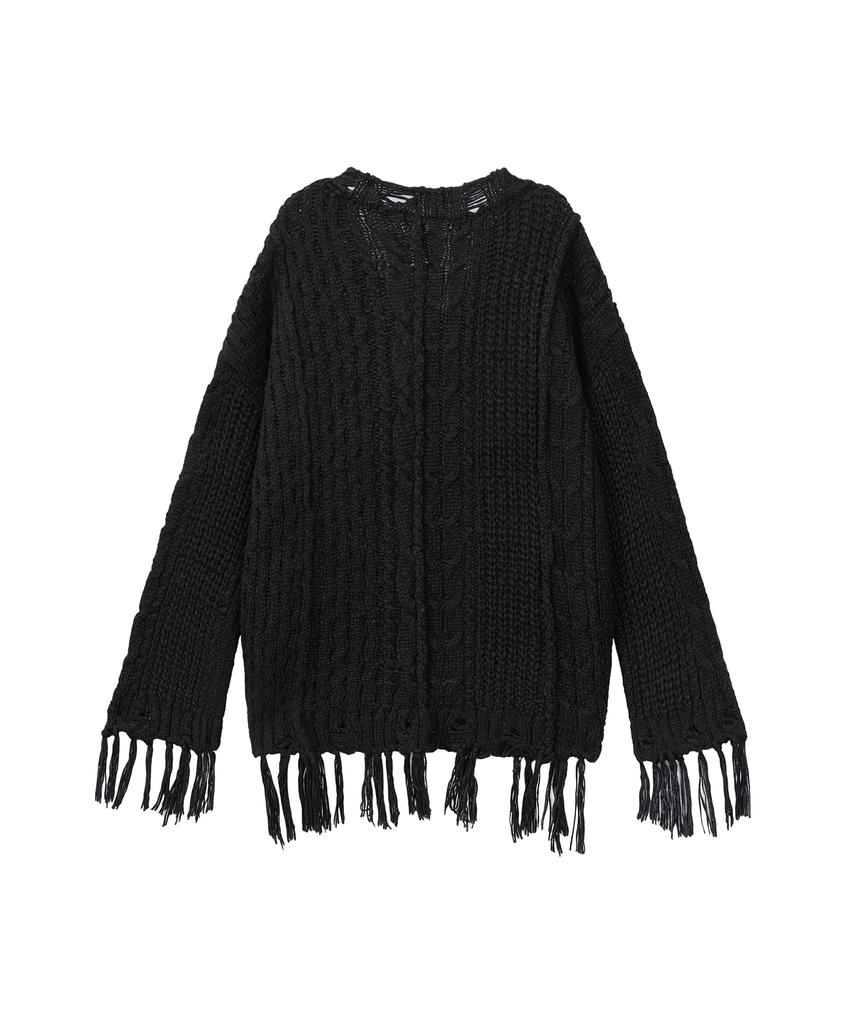 Teulimingbeodeu Wool Damage Tassel Knit Set-Up Pullover [ Black ]