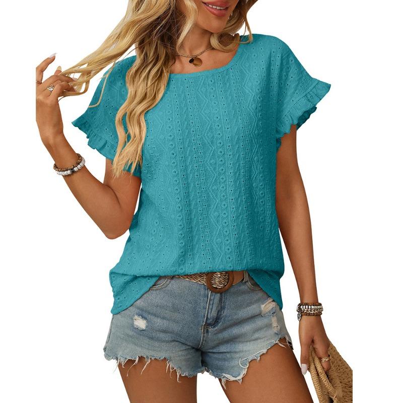 Women's Spring and Summer New Solid Colour Round Neck Sweet Short-sleeved T-shirt Hollowed Out Tops