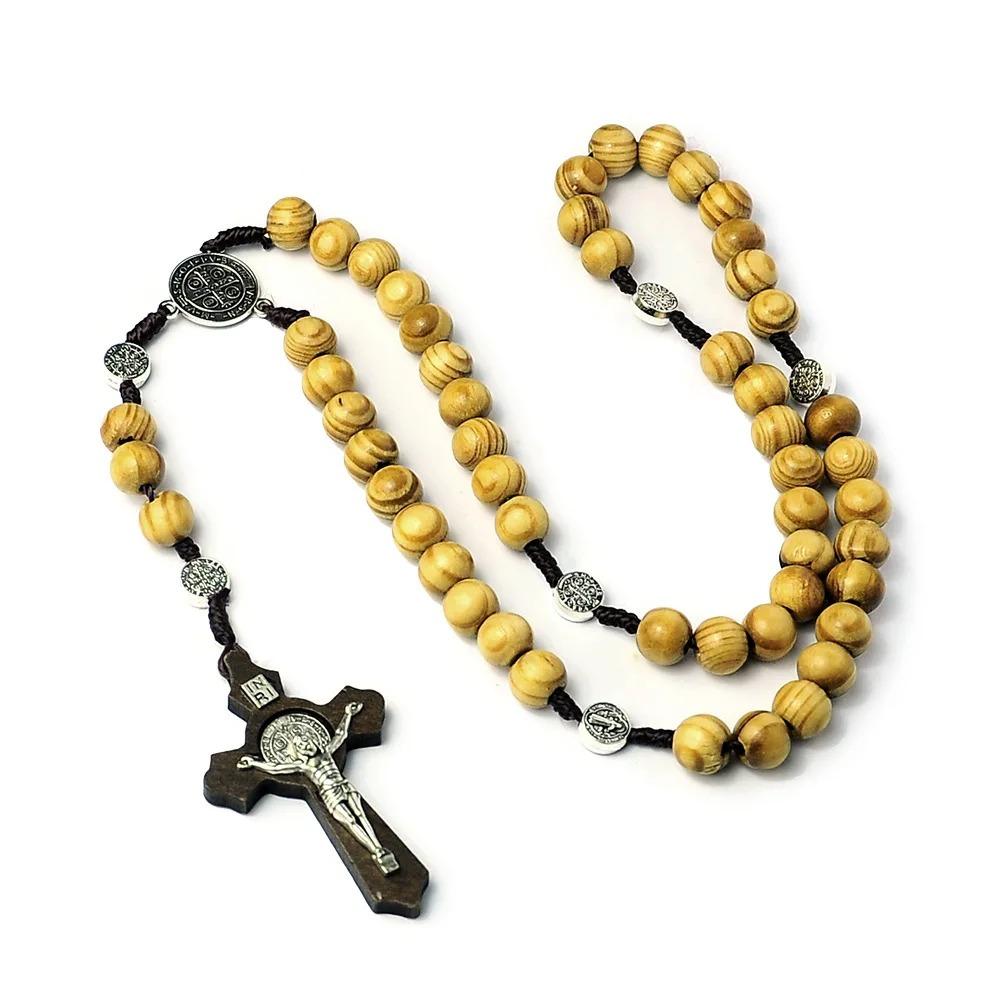 Wood Beads Rosary Cross Necklace For Women Men Christian Virgin Mary INRI Pendant Chain Fashion Religion Jewelry