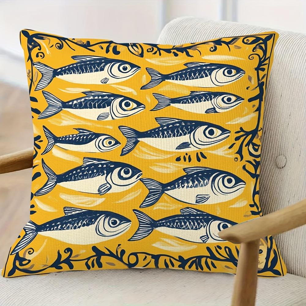 1Pc, Short Plush Decorative Pillow Cover, Portuguese Lisbon Sardines Pattern Azulejos Yellow Pillowcase, Single-Sided Print, 18X