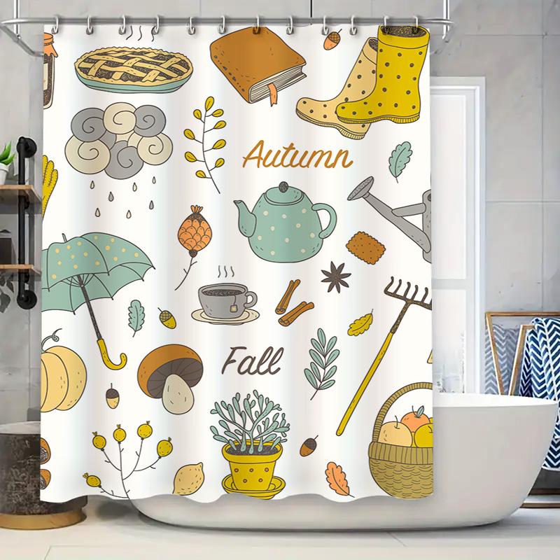 

Cozy Autumn Shower Curtain featuring cozy boots, pies, a watering can, and more Perfect for your bathroom decor. 90x180cm