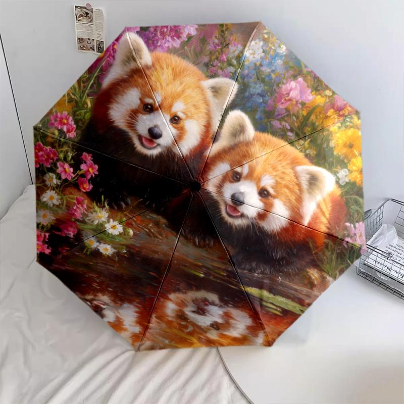 Two Red Pandas Pattern, Automatic Folding Umbrella, Portable and Foldable Design, 8 Ribs, a Christmas or Birthday Gift.