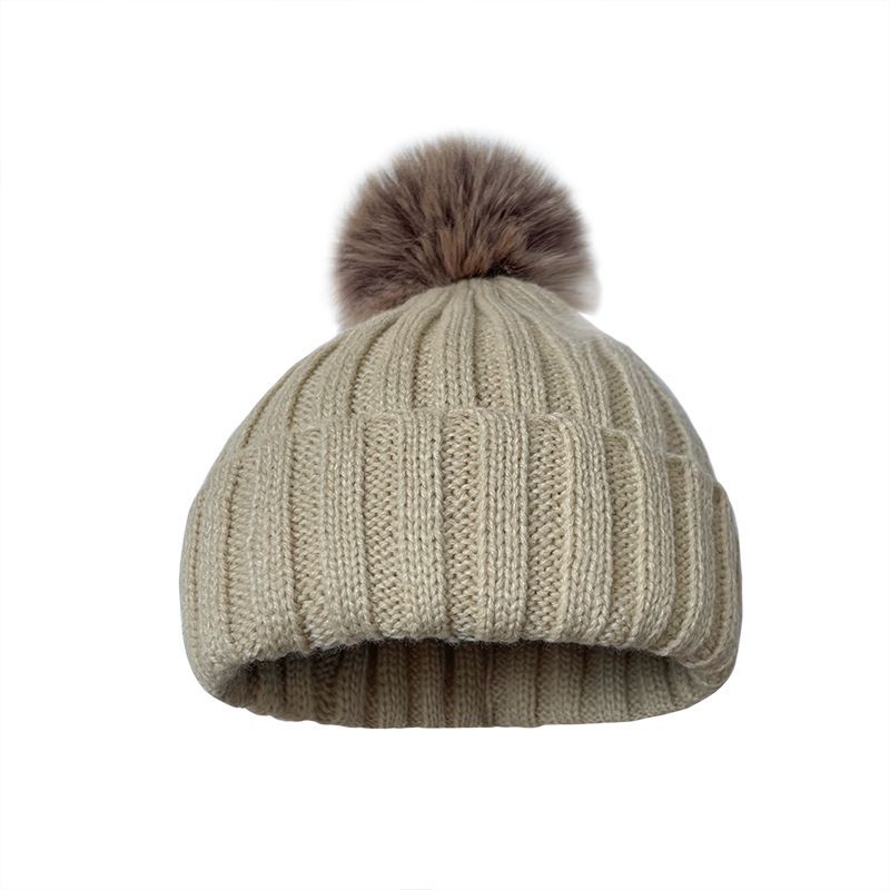 Autumn Winter New Fashion Beanie Acrylic Pullover Solid Color Knitted Hairball Velvet Padded Flanging Plus Custom Winter Hats
