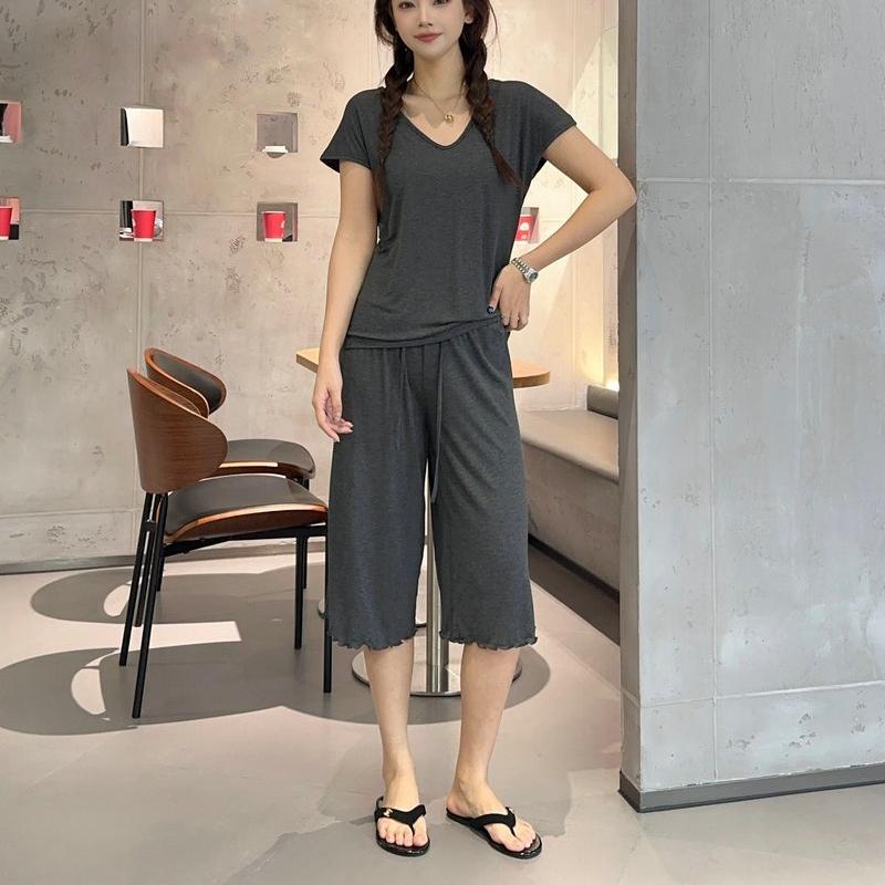 Plus Size M To 6XL Modal Casual Pajamas Sets V-Neck Sleeves Tshirts with Drawstring Ruffle Trim Cropped Pants High Waist Loose Fit Lounge Sets