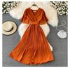 Summer new V-neck short-sleeved dress over the knee slim-fitting pleated temperament lady waist lace-up big pendulum mid-length dress