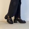 Sheepskin version~ High-heeled loafers, women's belt buckle, genuine leather, black small leather shoes, one pedal waterproof platform platform single