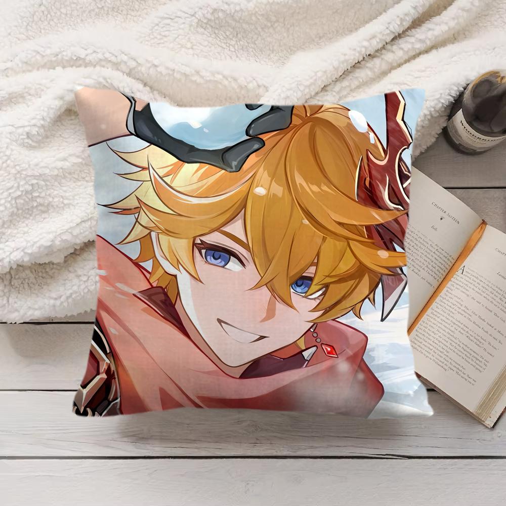 Tartaglia Genshin Impact Cute Cushion Cover Silky Short Plush Invisible Zipper Dustproof Sofa Pillow Case For Home Decor
