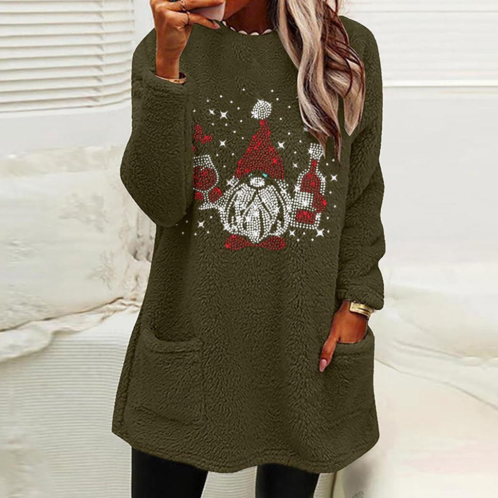 European & American Women's Christmas Snowman Print Plush Hoodie - Round Neck, Loose Fit, Long Sleeve with Pockets.