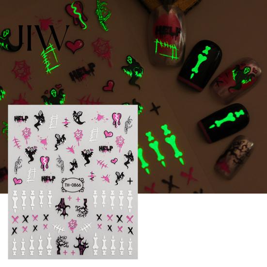 DIY Nail Art Stickers 6 Sheets Halloween Glow-in-the-dark Sticker, Spooky Ghost Pumpkin Skull Manicure Dark Theme Supplies Decal, Decoration