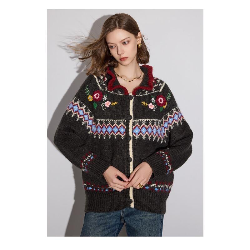 DIMANAF 2025 Sweaters Cardigan Flowers Autumn Pockets Women Print V-Neck Sweaters Knitting Loose Sweater