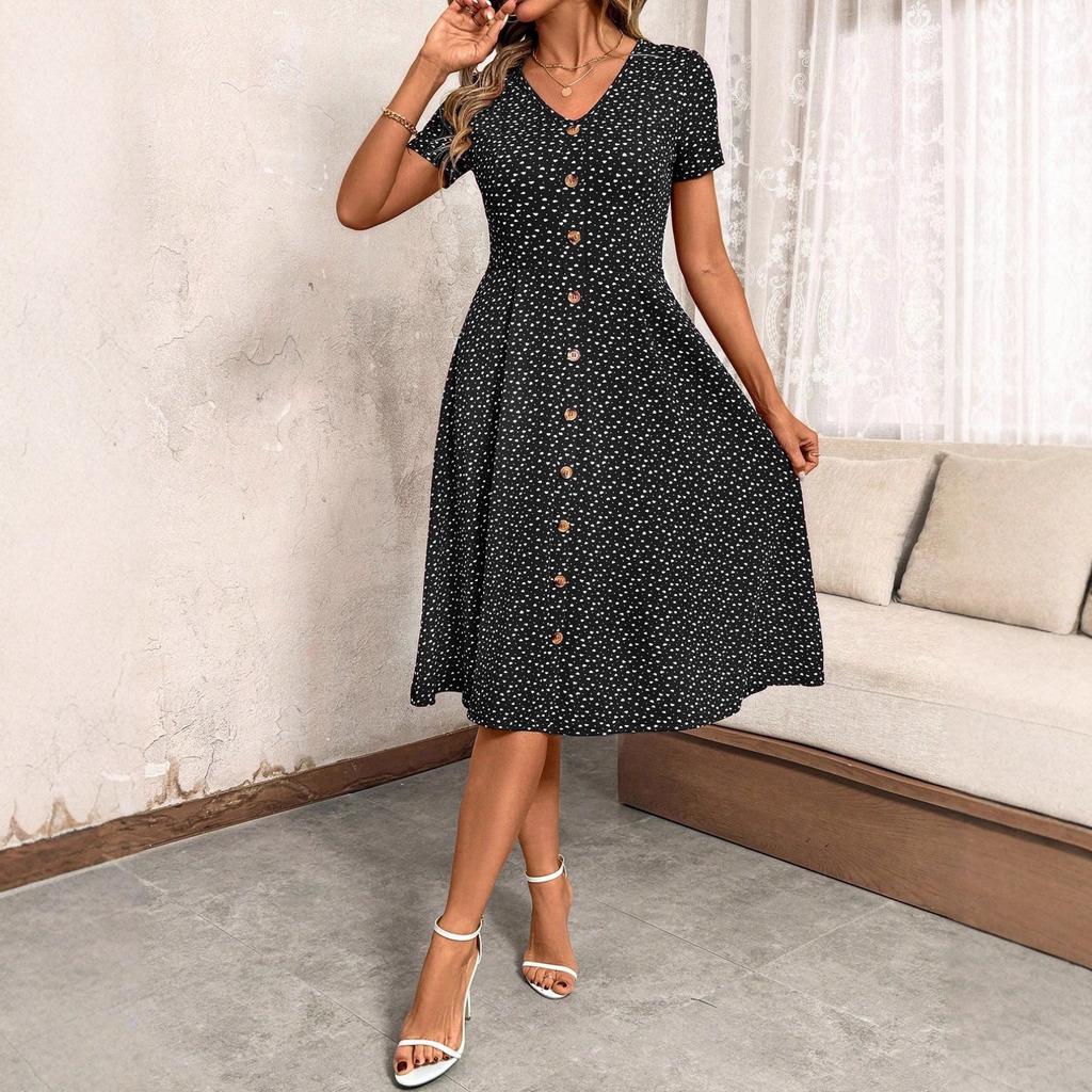 Summer new fashion polka dot women's dress sexy V-neck breasted short-sleeved floral dress