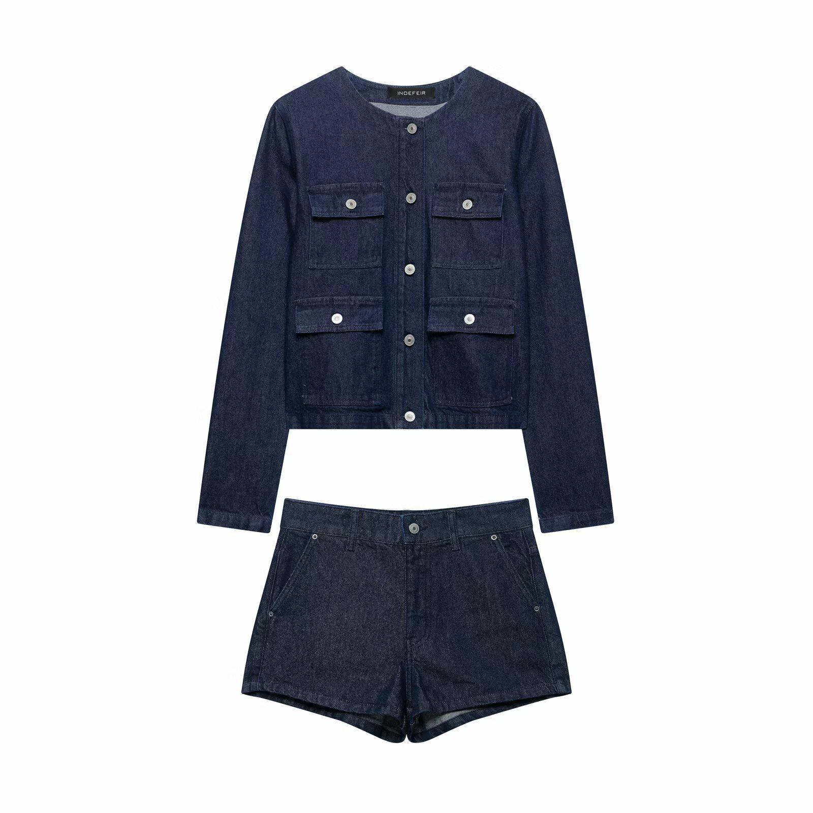 

2025 Summer Women s Fashion Pocket Denim Jacket & Shorts Set Medium