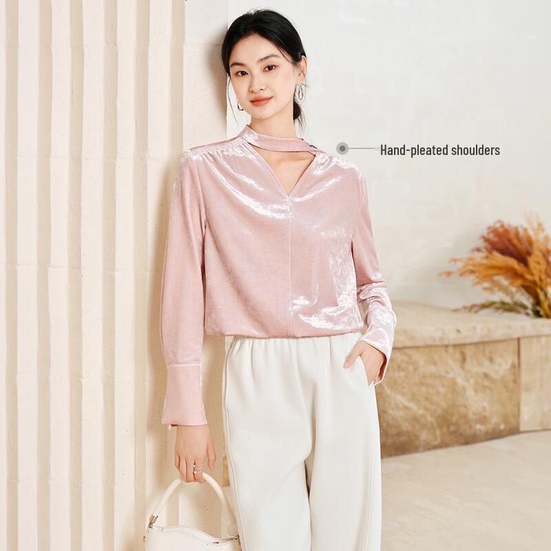 Xiangying Shijian Women's Velvet Long-Sleeve V-Neck Blouse