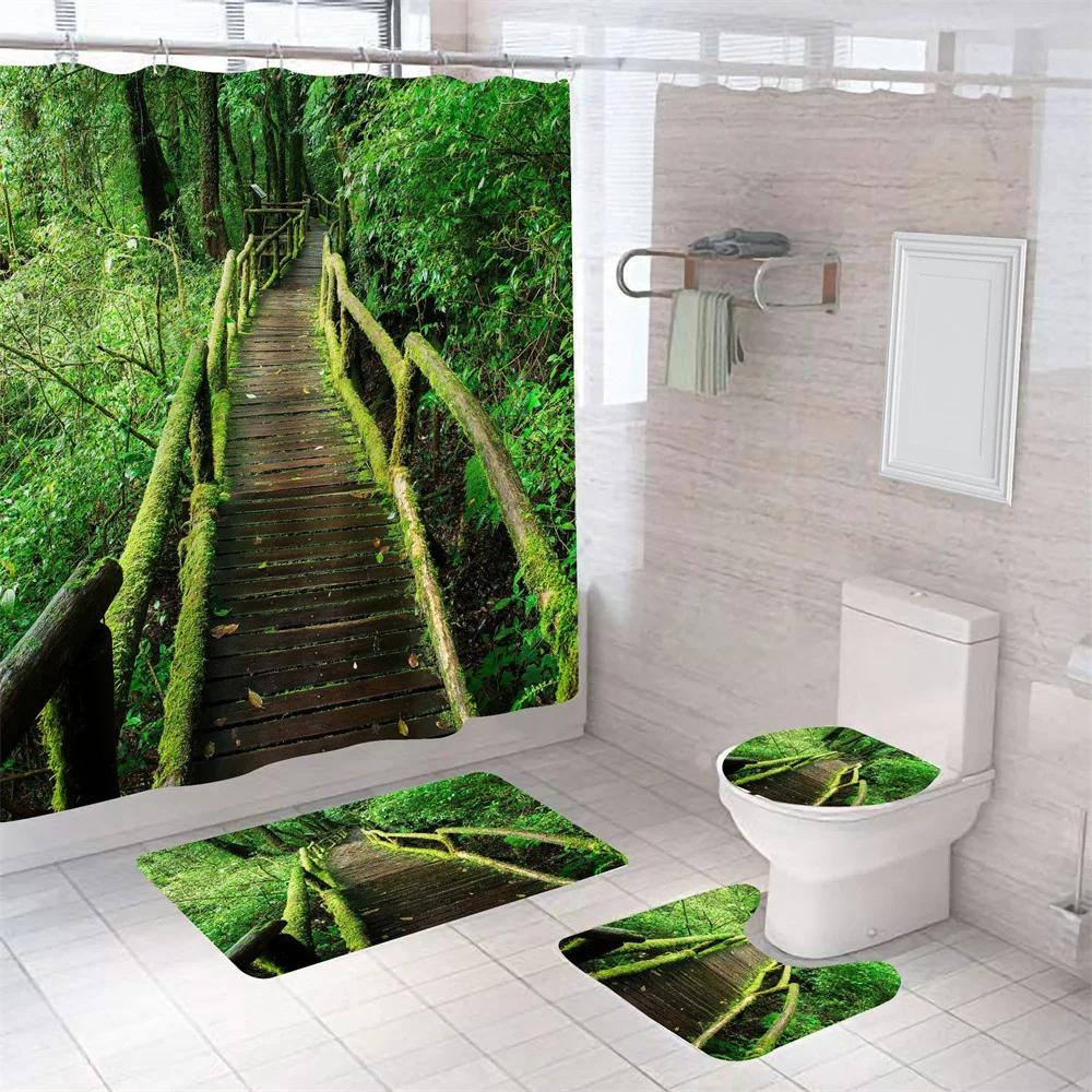 

Nature Scenery Shower Curtain Set Green Forest Mountain River Landscape Bathroom Shower Curtain Waterproof Fabric Bathroom Sets W60H190(CM)-1 Pcs