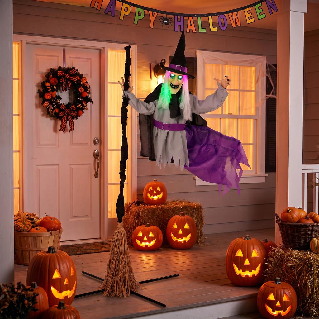 200 Cm Life Size Animated Flying Witch Halloween Decorations Outdoor Indoor Scary Halloween Animatronics Decor