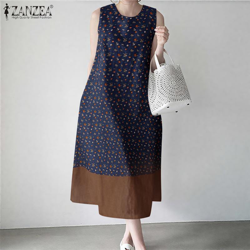 ZANZEA Women Summer Round Neck Casual Sleeveless Floral Dress