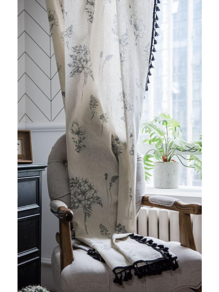 Vorhänge Grau Blumendruck Vorhänge Schwarz Pastoral Küchenvorhang Erkerfenstervorhänge für Wohnzimmer Schlafzimmer Erkerfenster Esszimmer oder Küchenbar