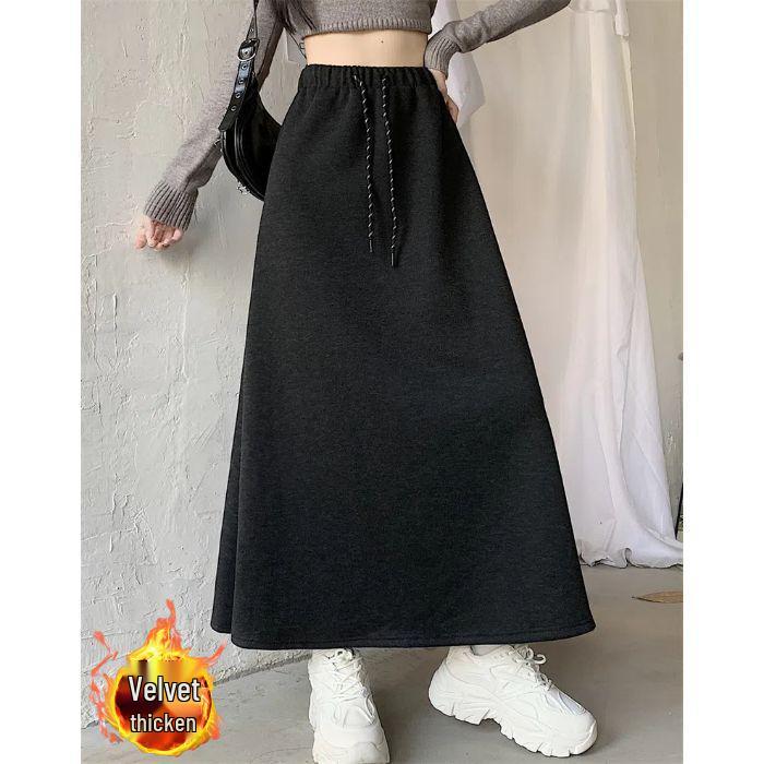 Women's High-Waist Korean Style Color Block Drawstring Fleece Lined Midi Skirt - Autumn/Winter A-Line Design