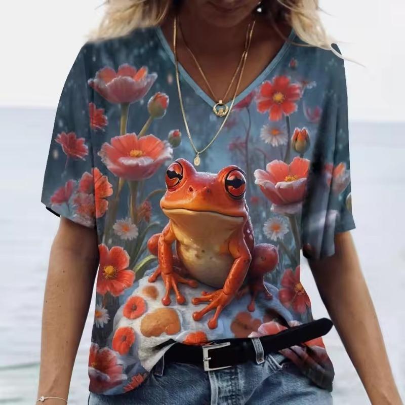 

Женская футболка с принтом лягушки и цветочного узора, уличная ретро мода, повседневная футболка оверсайз, летняя женская одежда 6XL