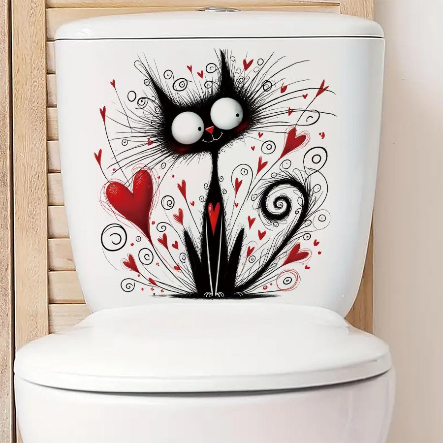 Funny Creative Fluffy Black Cat with Heart Valentine‘s Day Wall Stickers, Hand-drawn Style Self-Adhesive Decor for Home Decoration
