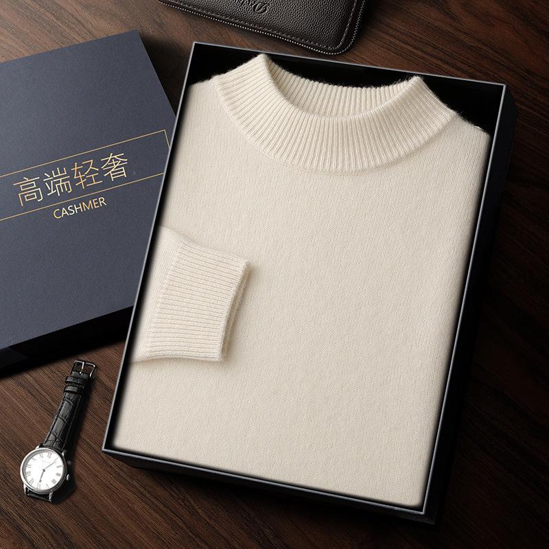 Men's Double-Thick Lamb Cashmere Sweater, Solid Color, Round Neck, Autumn/Winter Base Layer.