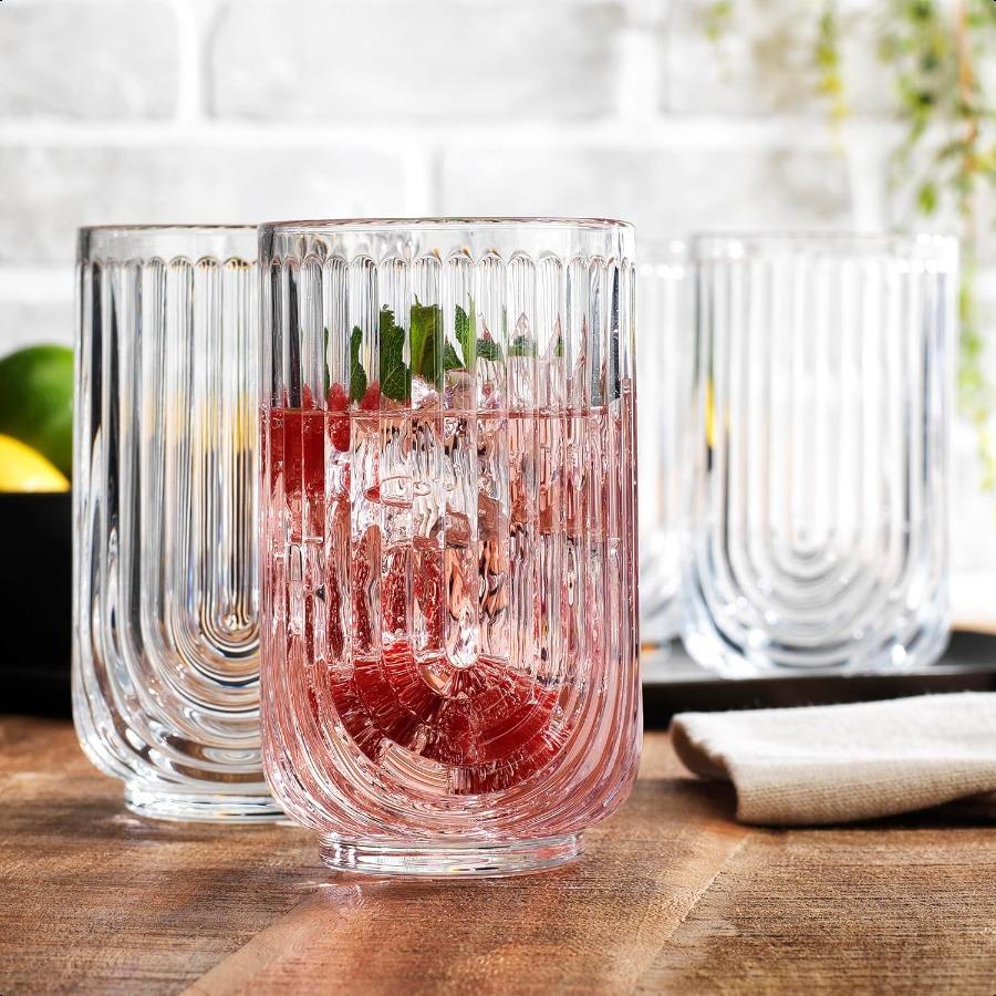 

Набор питьевых стаканов из 4 штук. Винтажные бокалы для коктейлей с рифлеными стенками, стаканы хайбол с ребрами, 17 унций. Арочная посуда в стиле ар-деко для United States