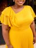 AOMEI Plus Size Yellow Chiffon A Line Dresses Short Sleeve Ruffles High Waist Pleated Casual Church Midi Dress