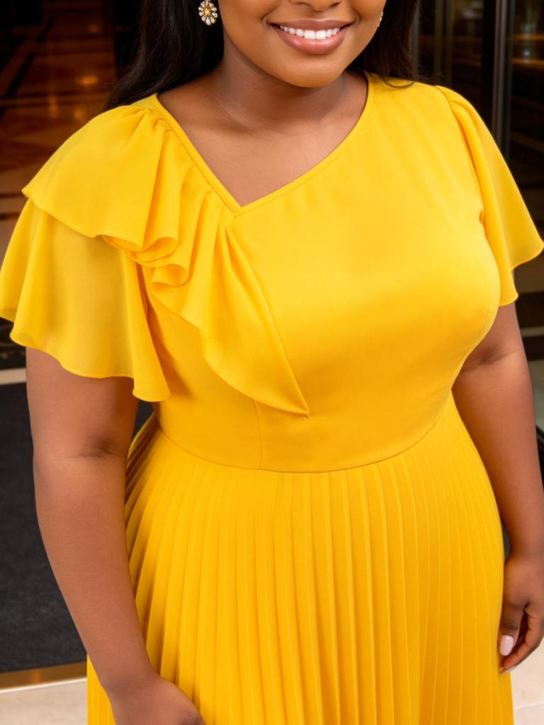 AOMEI Plus Size Yellow Chiffon A Line Dresses Short Sleeve Ruffles High Waist Pleated Casual Church Midi Dress