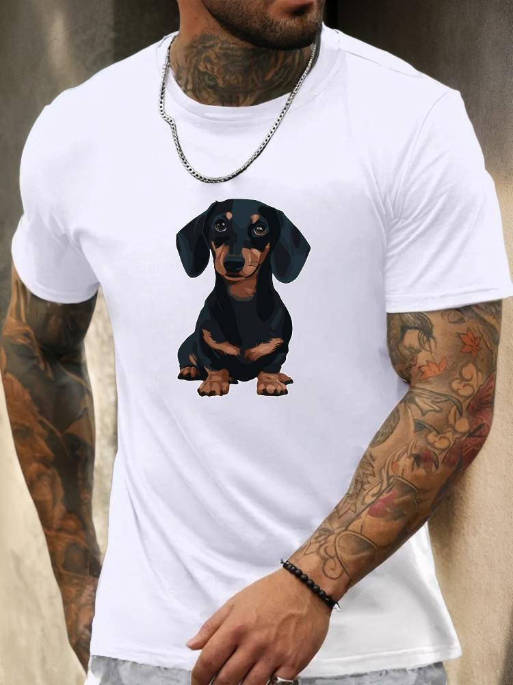 Unisex O Neck Tee Cute Sitting Dachshund Dog Cartoon Print Cotton Short Sleeve Loose Summer Breathable Daily Casual Basic Wear Top