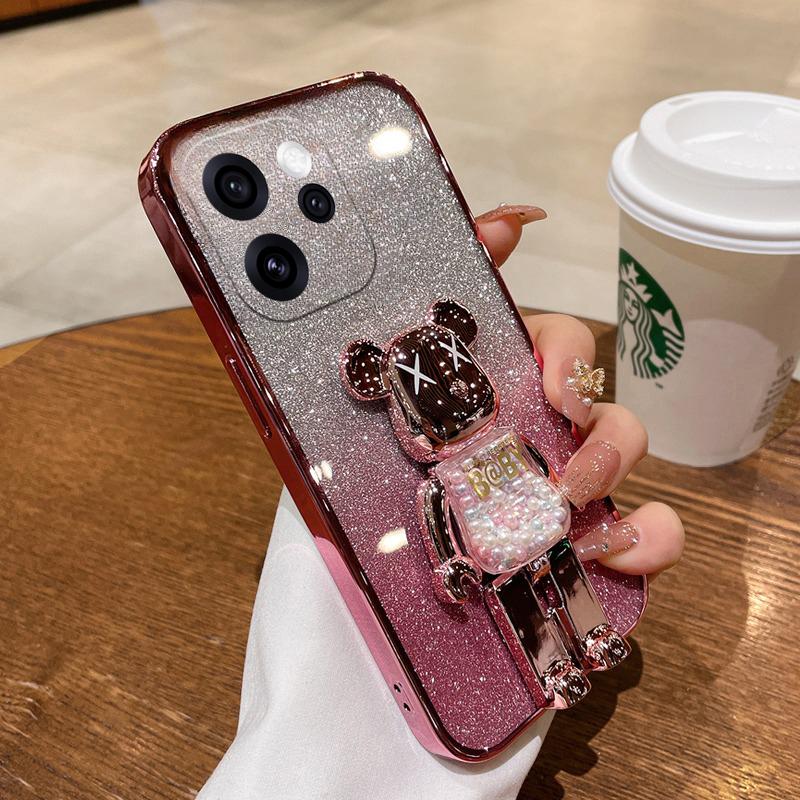 For OPPO Reno 15 Pro 15F Case with Cartoon 3D Bear Stand Luxury Slim Gradient Plating Glitter Girls Stylish For OPPO Reno 15F 15 Pro Back Cover