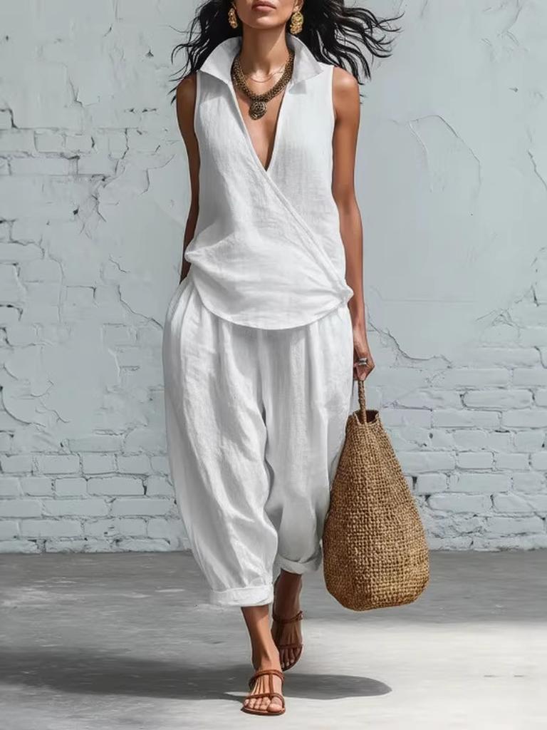 Women's Summer Spring New Arrivals Casual Shirt and Wide Leg Pants Linen Two Piece Set